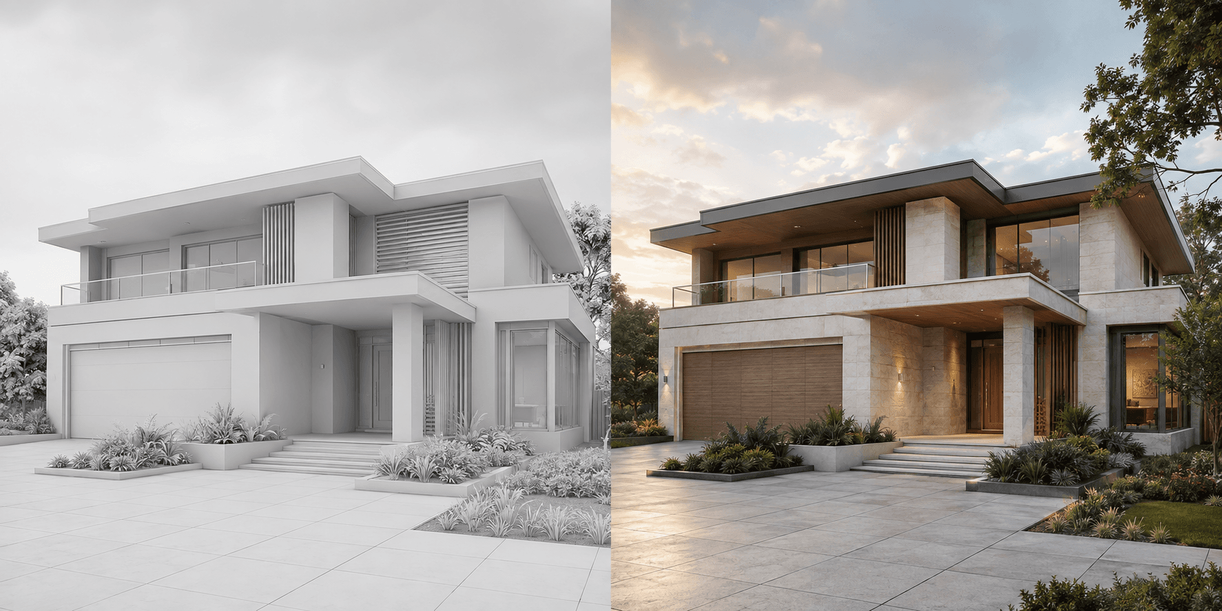 A clay architectural model beside a photorealistic interpretation of the design