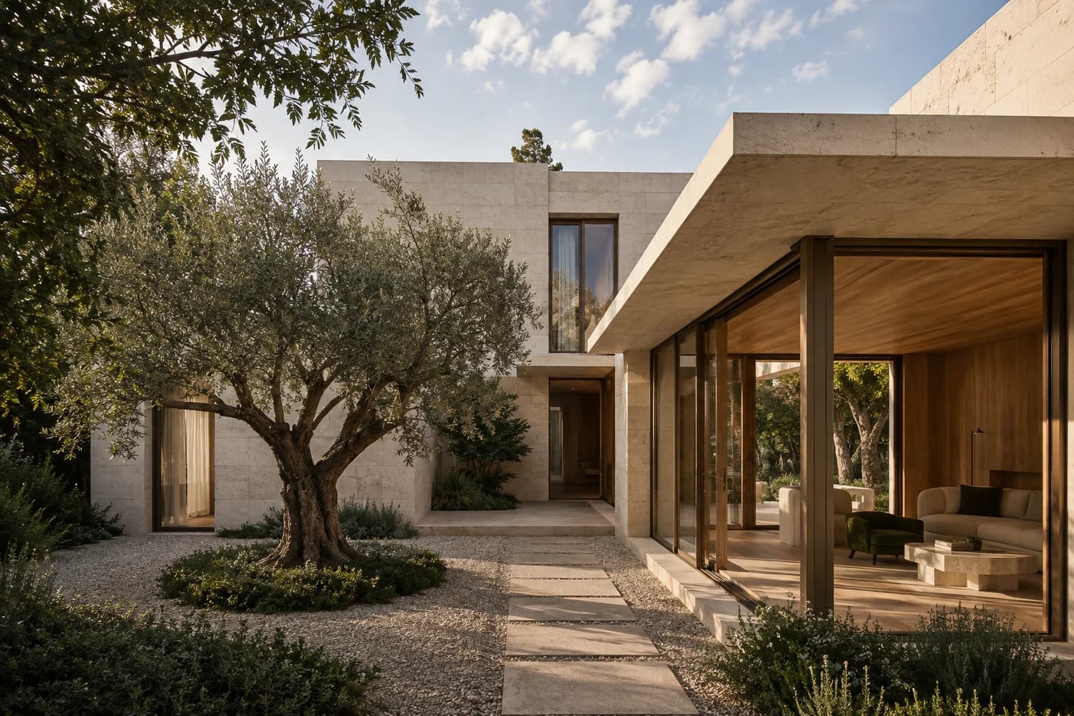 Courtyard house rendered in limestone with an olive tree