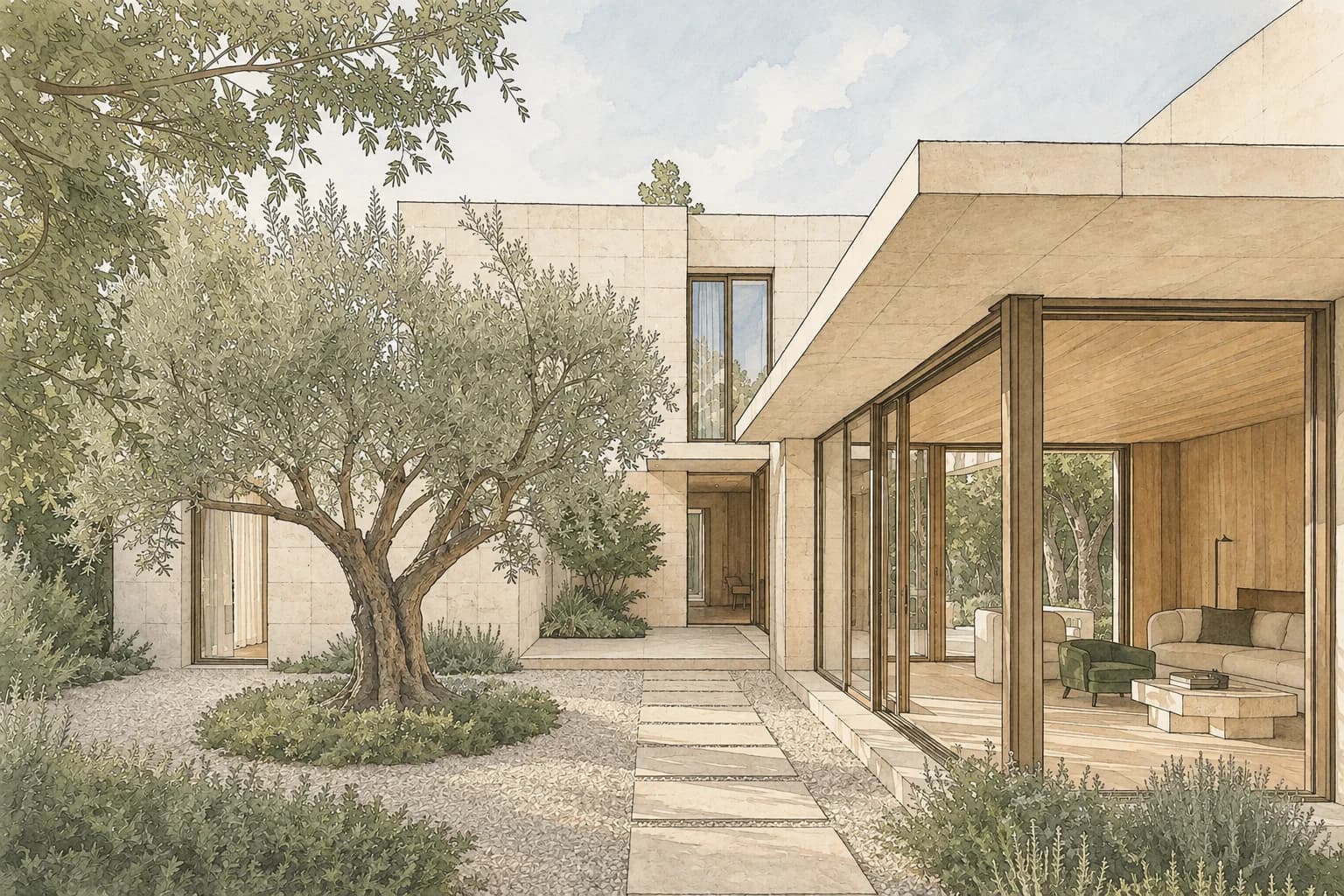 Ink and muted colour concept drawing of the same courtyard house