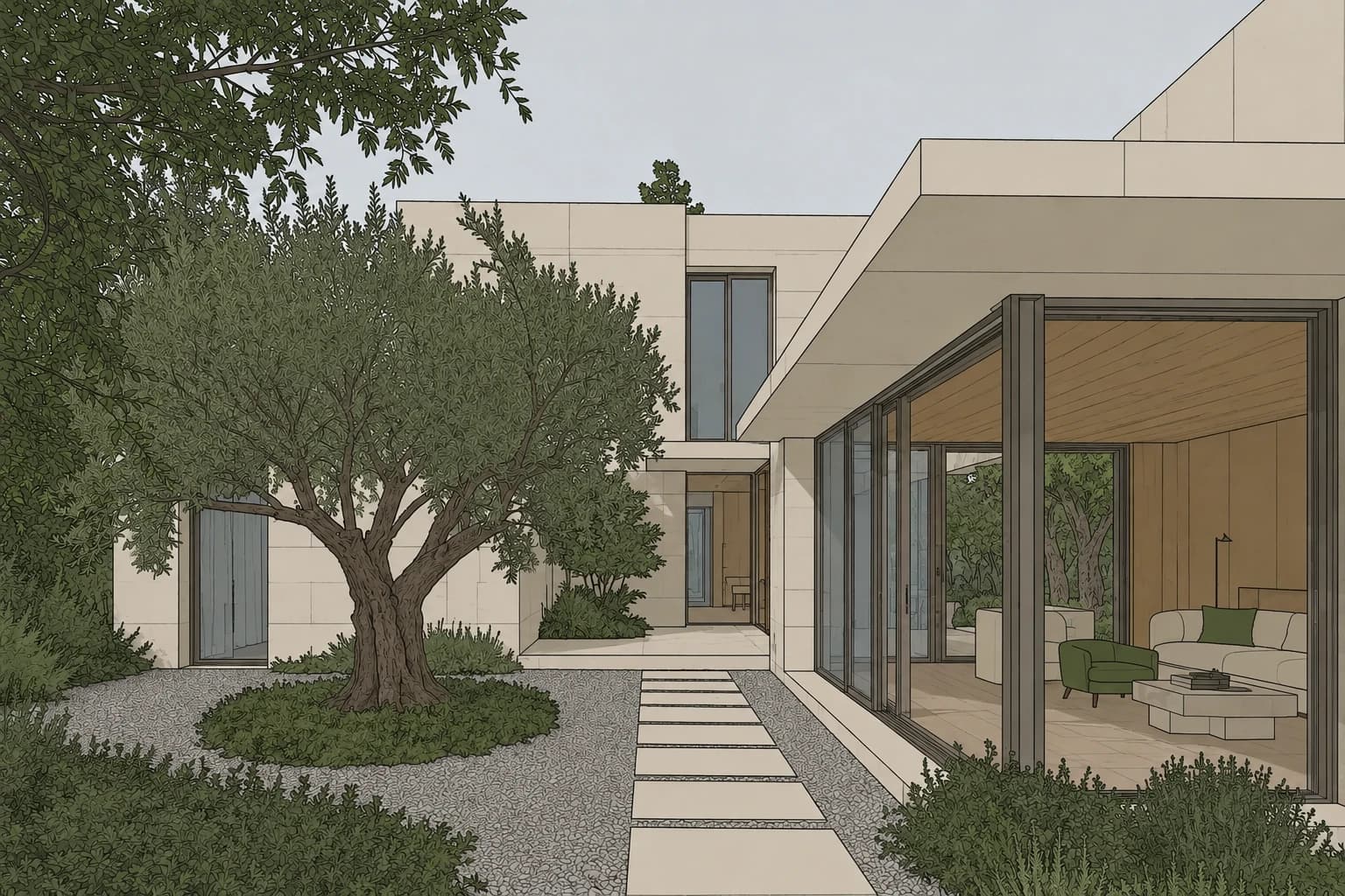 Flat-shaded 3D model view of the same courtyard house with visible model edges