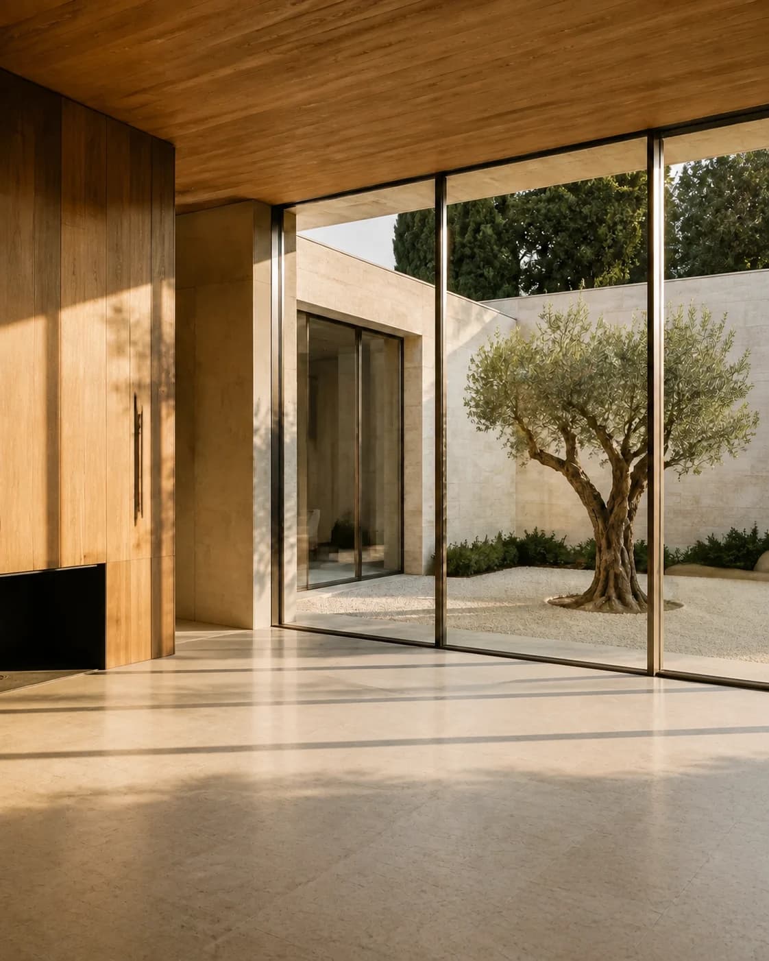 Empty oak-lined living room overlooking the courtyard