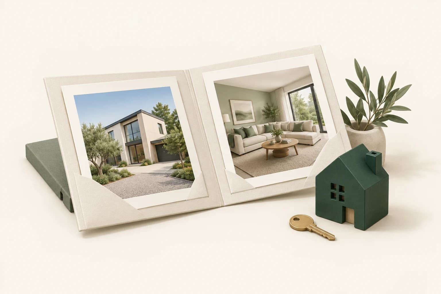 An ivory presentation folio with property image boards beside a green house model and a brass key.