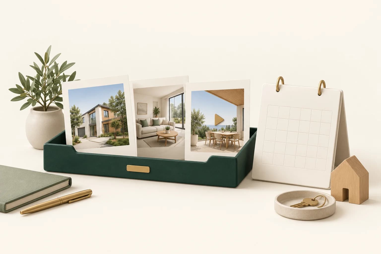 Three property campaign cards in a forest-green document tray beside an ivory calendar with an unlabelled grid.