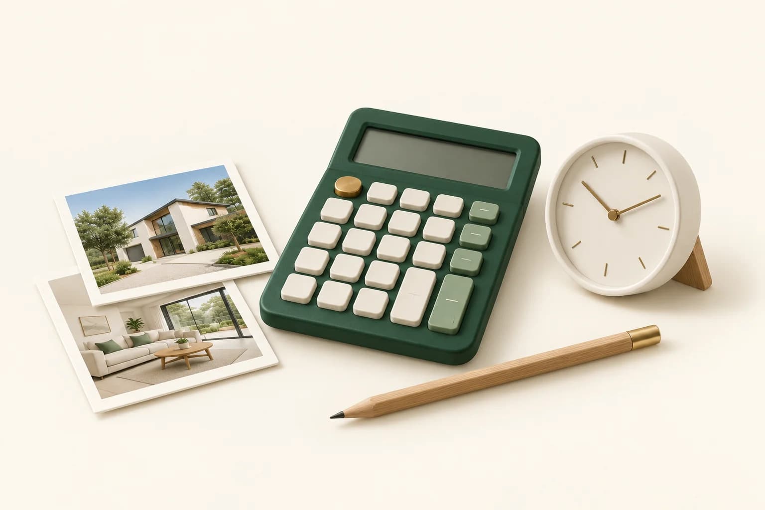 A forest-green calculator with a blank display, property photo prints, an ivory clock and an oak pencil.