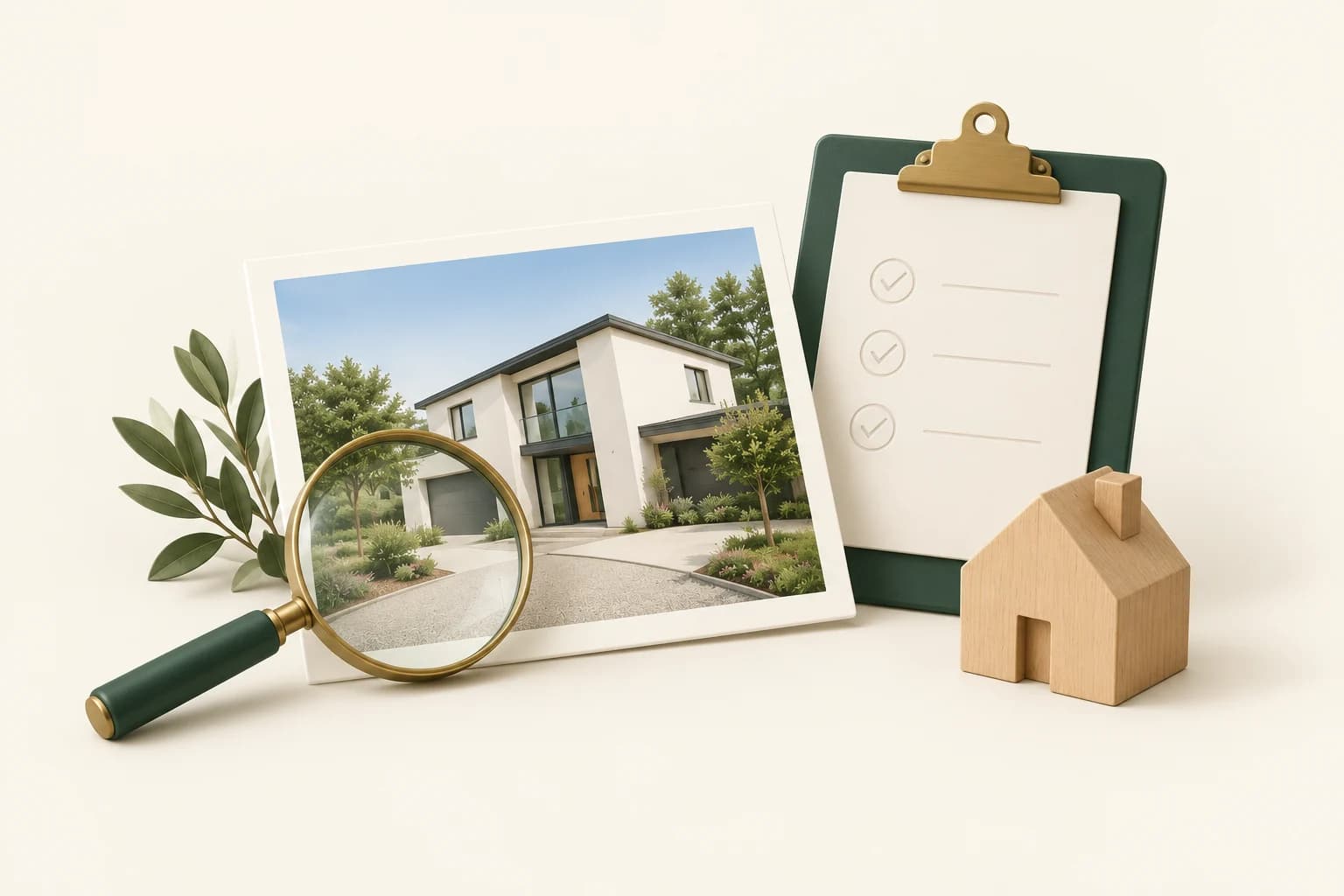 A property photograph under a brass-rimmed magnifying glass beside a green checklist clipboard and a small oak house.