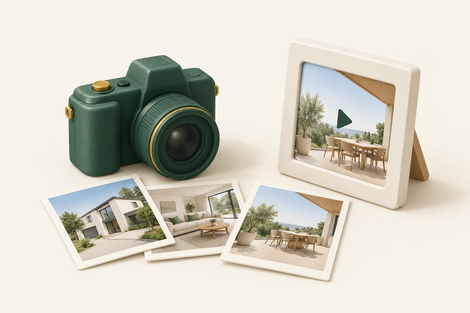 A green camera, three property photo prints and a portrait display showing a terrace with a play symbol.