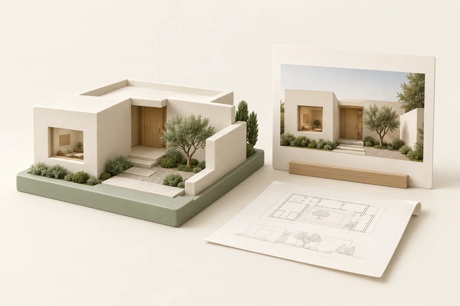 An ivory courtyard-house maquette beside a matching material concept board and a rolled architectural drawing.