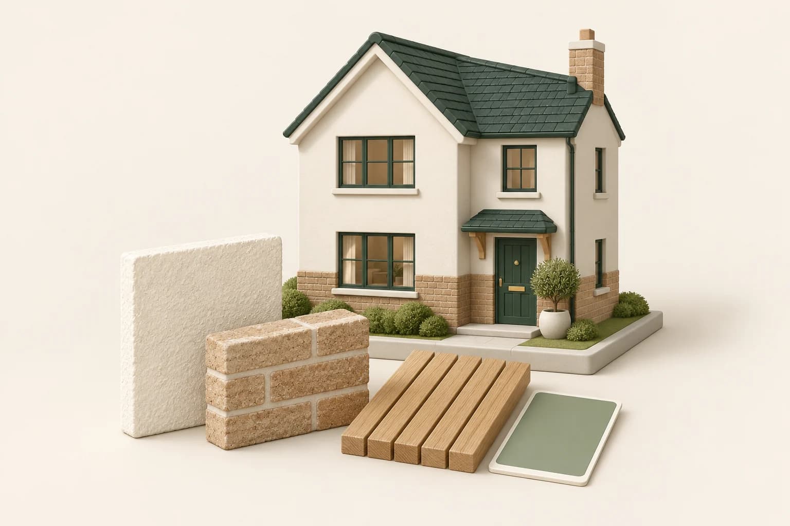 A miniature house with a forest-green door behind plaster, brick and timber finish samples.