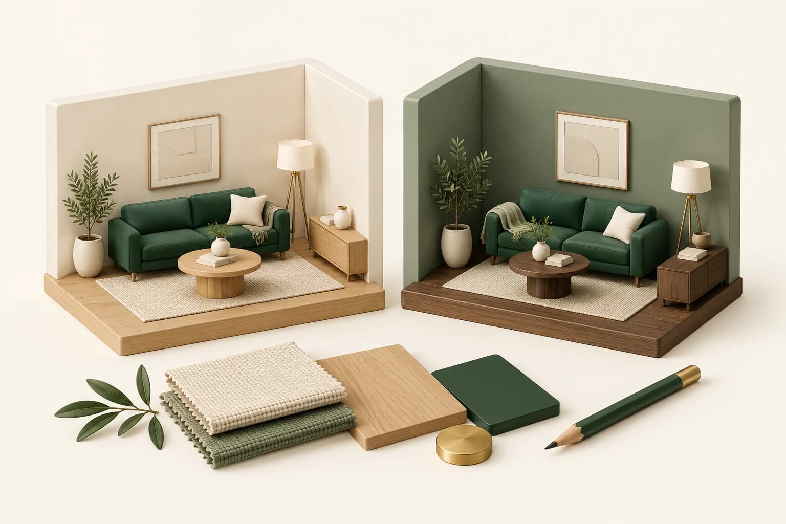 Two coordinated living-room concept boards beside linen, wood and green finish samples.