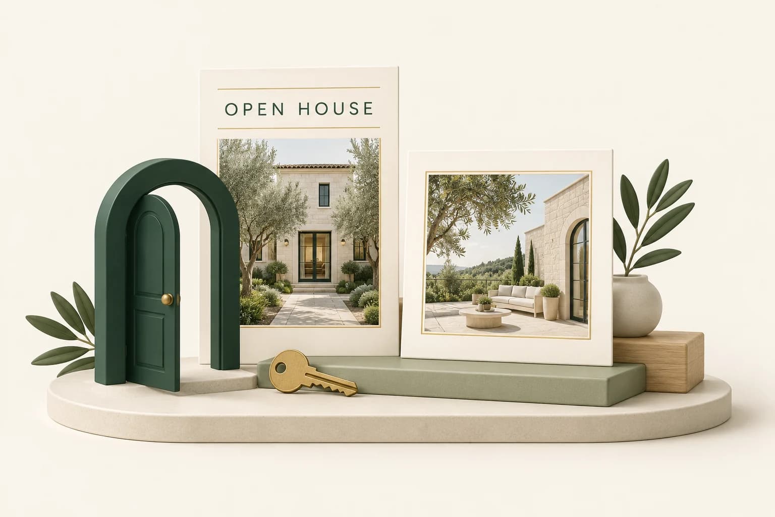 Coordinated cream open-house artwork in portrait and square formats beside a green doorway and brass key.
