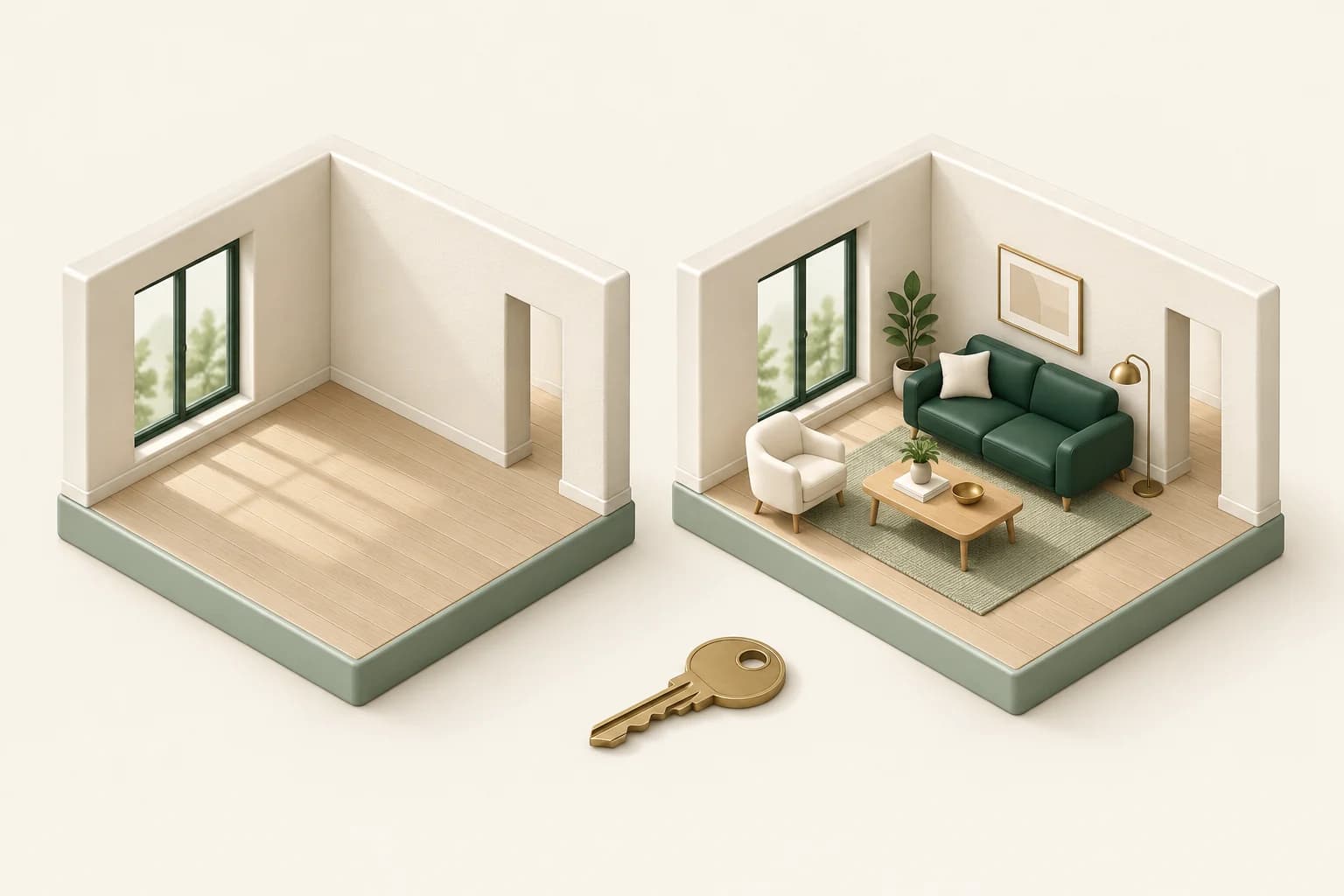 Two miniature living rooms with matching architecture, one empty and one furnished with a green sofa, beside a brass key.