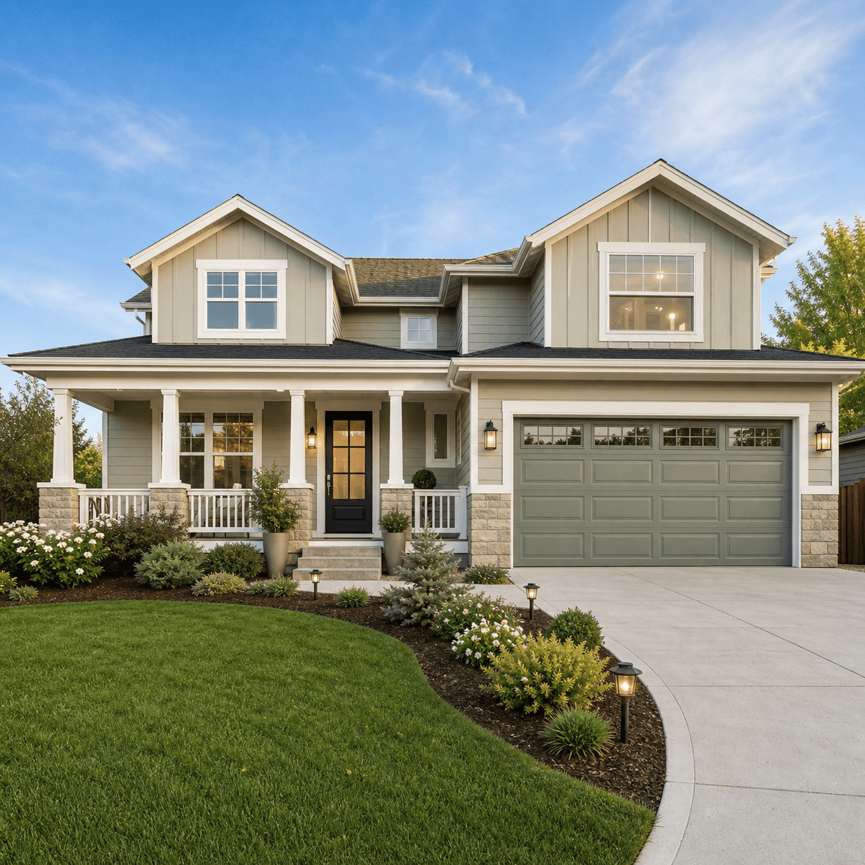 A finished residential exterior concept with planting and a landscaped approach