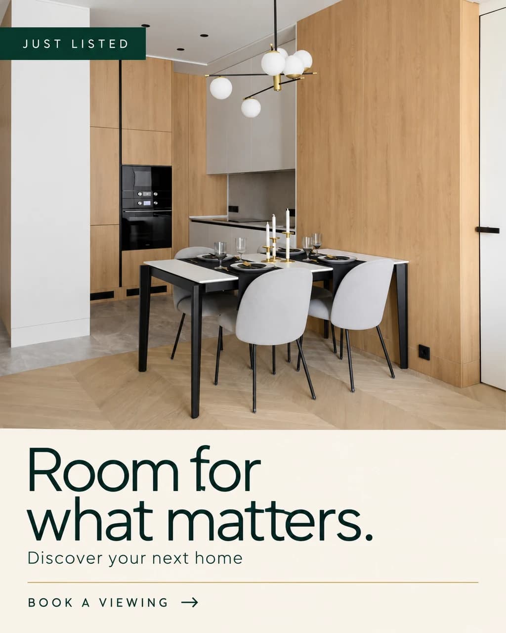 Illustrative property ad with a dining-room photo, Room for what matters headline and Book a viewing call to action